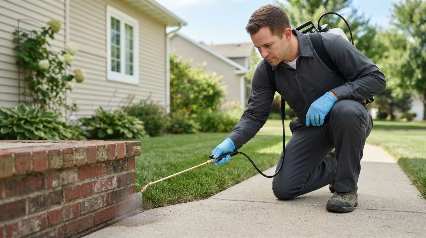 Pest control technician treating a home near North Royalton, OH